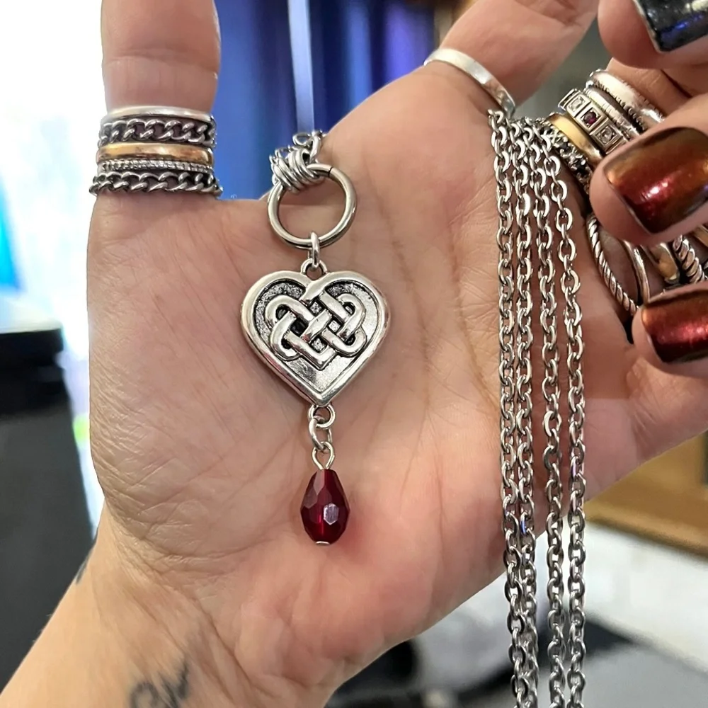 Double chain necklace celtic heart knot & dangly red crystal goth boho silver_6